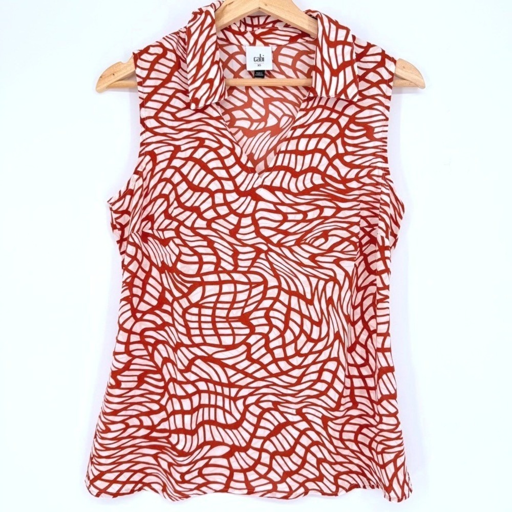 Cabi Womens Twirl XS Sleeveless V-Neck Blouse Orange White Abstract Top